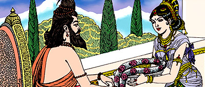 Nymph offering garland to Sage Durvas 