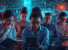 The Non-Coder’s Playbook: Mastering Generative AI for Workplace Success A vibrant, futuristic image showing a diverse group of non-technical professionals (e.g., a writer with a notebook, a marketer looking at a tablet, a small business owner on a laptop) surrounded by glowing, abstract AI interfaces and data streams. Subtle AI elements (like neural network patterns) are integrated without being overly robotic. The overall tone is empowering and innovative. (16:9 aspect ratio)