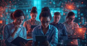 The Non-Coder’s Playbook: Mastering Generative AI for Workplace Success A vibrant, futuristic image showing a diverse group of non-technical professionals (e.g., a writer with a notebook, a marketer looking at a tablet, a small business owner on a laptop) surrounded by glowing, abstract AI interfaces and data streams. Subtle AI elements (like neural network patterns) are integrated without being overly robotic. The overall tone is empowering and innovative. (16:9 aspect ratio)