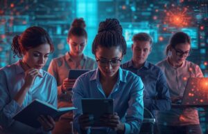 The Non-Coder’s Playbook: Mastering Generative AI for Workplace Success A vibrant, futuristic image showing a diverse group of non-technical professionals (e.g., a writer with a notebook, a marketer looking at a tablet, a small business owner on a laptop) surrounded by glowing, abstract AI interfaces and data streams. Subtle AI elements (like neural network patterns) are integrated without being overly robotic. The overall tone is empowering and innovative. (16:9 aspect ratio)