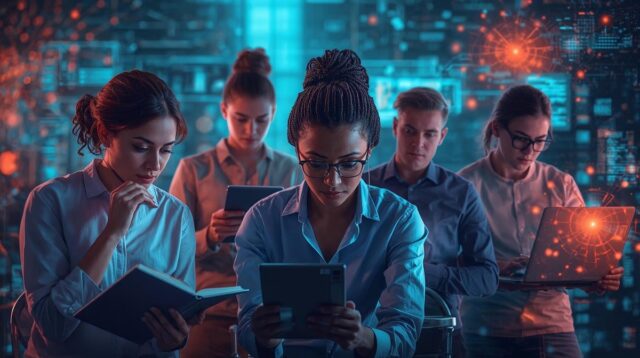 Generative AI feature image A vibrant, futuristic image showing a diverse group of non-technical professionals (e.g., a writer with a notebook, a marketer looking at a tablet, a small business owner on a laptop) surrounded by glowing, abstract AI interfaces and data streams. Subtle AI elements (like neural network patterns) are integrated without being overly robotic. The overall tone is empowering and innovative. (16:9 aspect ratio)